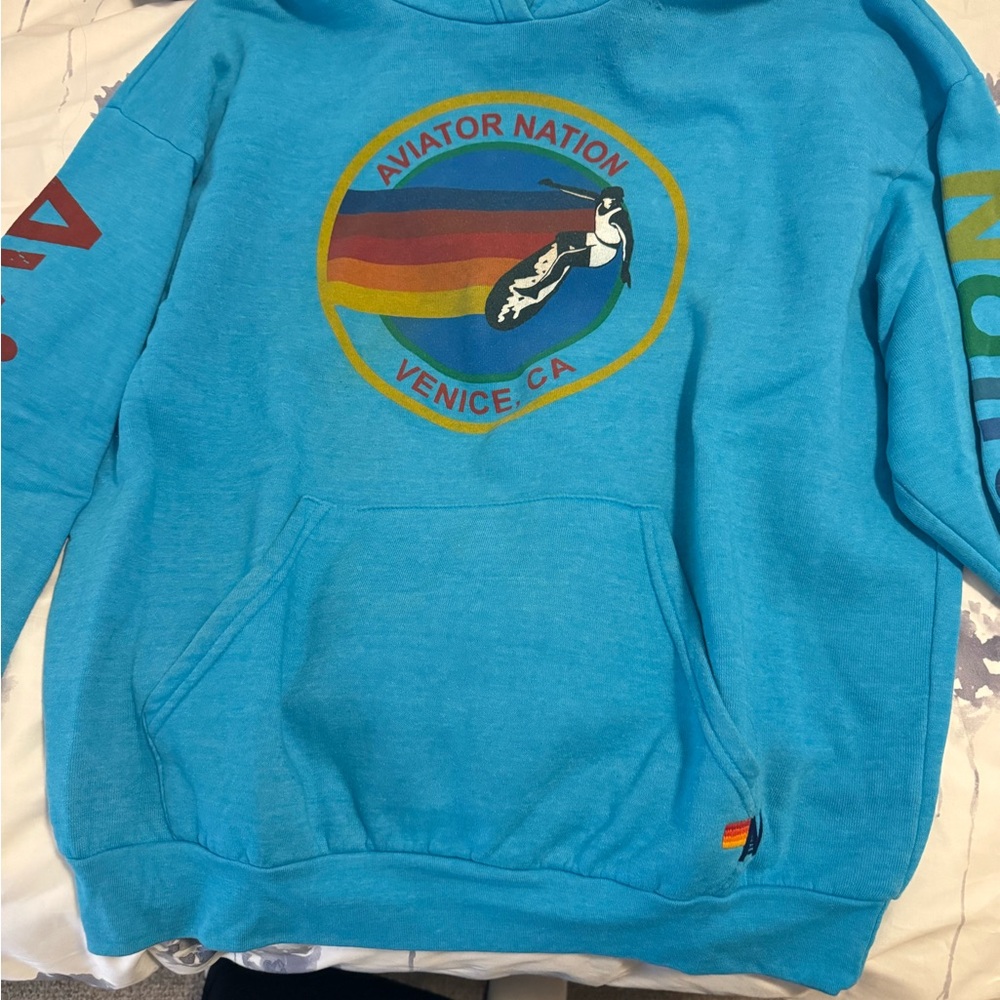 Aviator Nation Turquoise Hoodie with Rainbow Detail